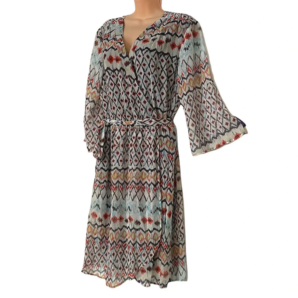 Steve Harvey Southwest Print Off-White Chiffon Office Casual Wedding Guest Dress - Picture 2 of 13